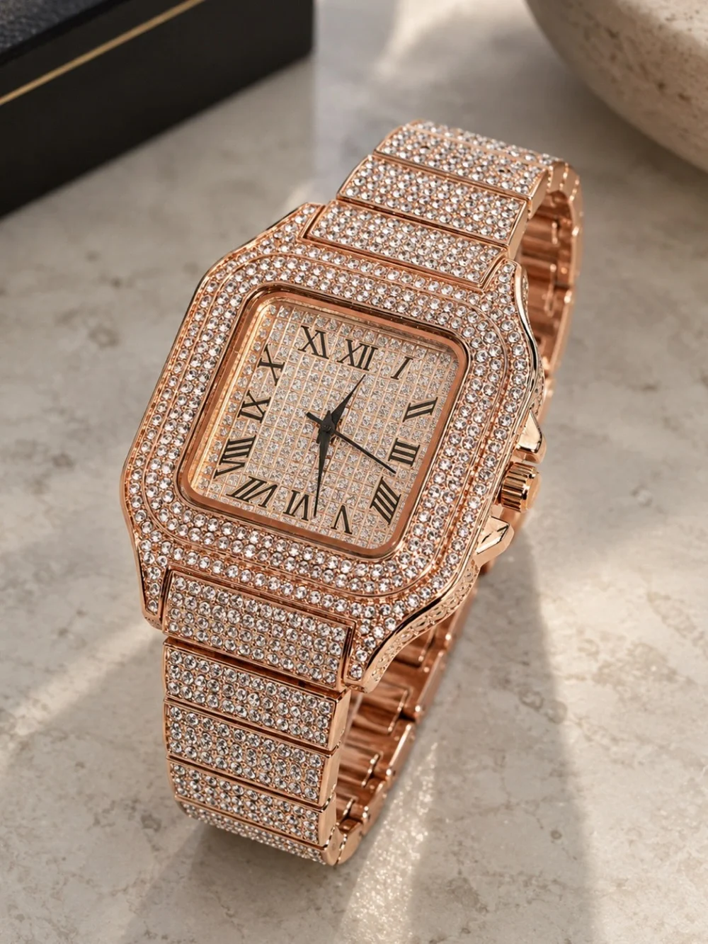 Rose Gold Iced Out Watch Simulated Diamond Bust Down Roman Numeral Hip Hop Bling